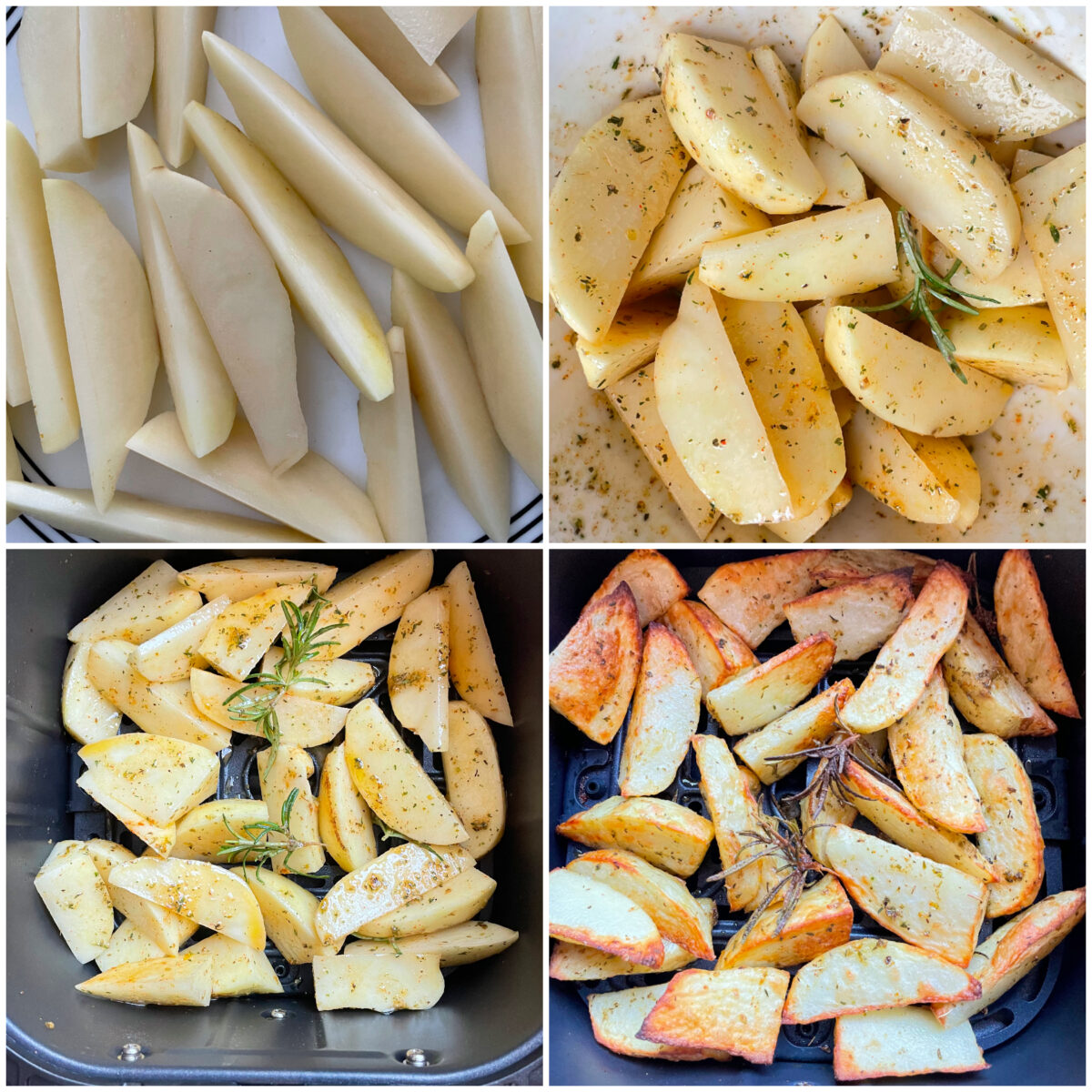 collage of making potato wedges in air fryer.