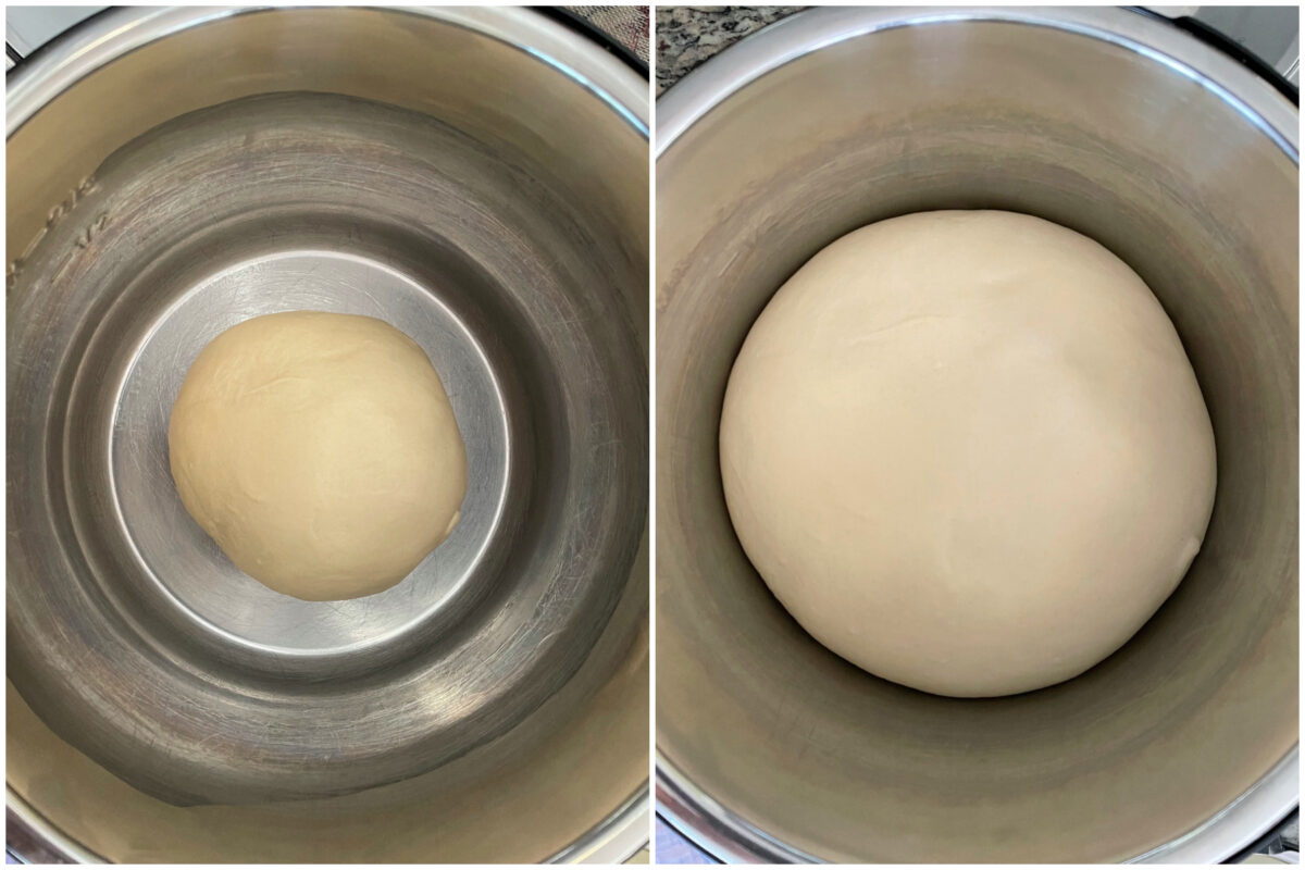 collage of 2 images proofing bread dough in instant pot.