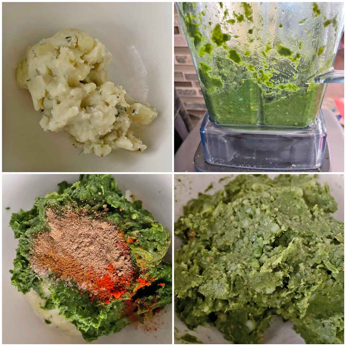 collage of 4 images of making hara bhara kabab mixture.