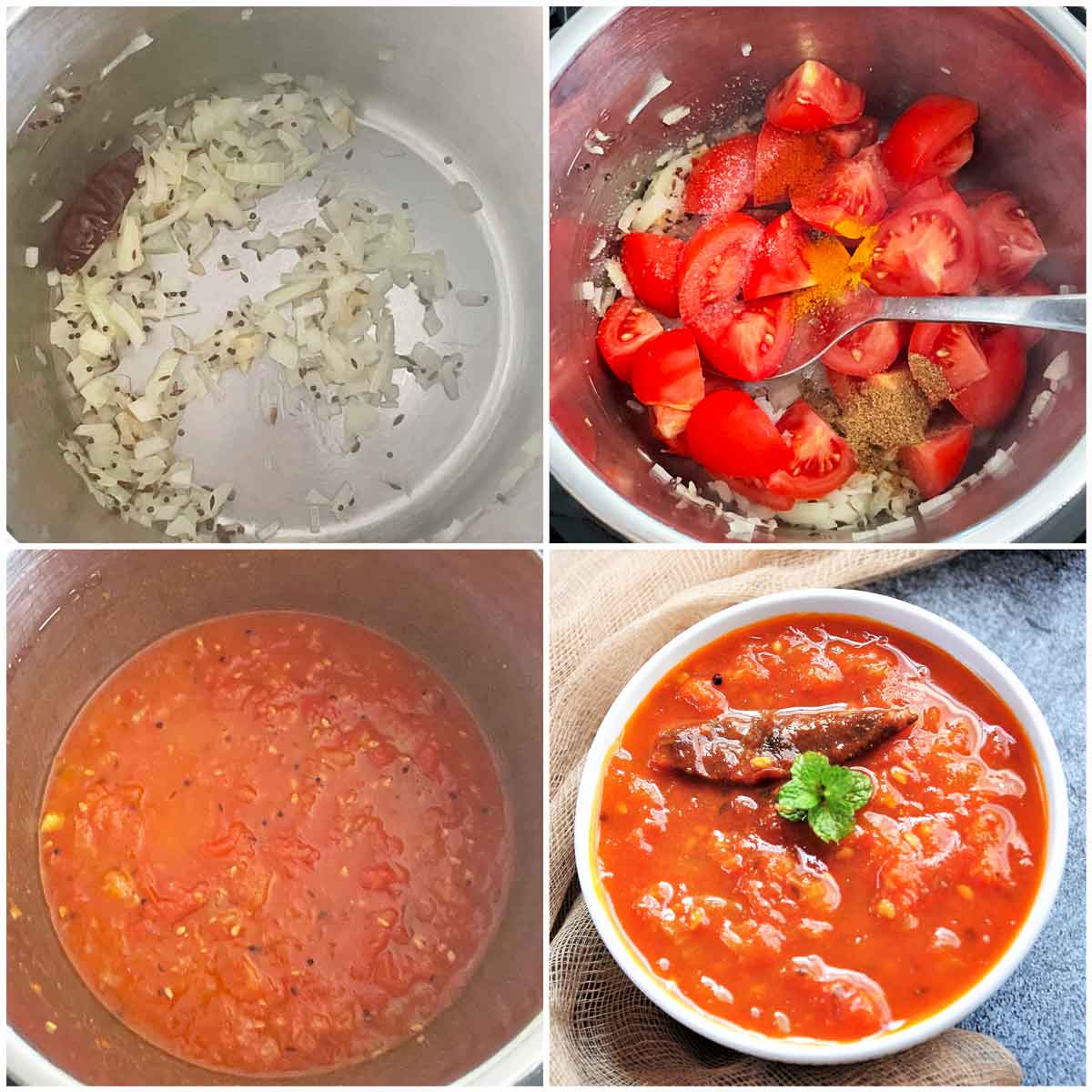 collage of 4 images of making tomato chutney in instant pot.