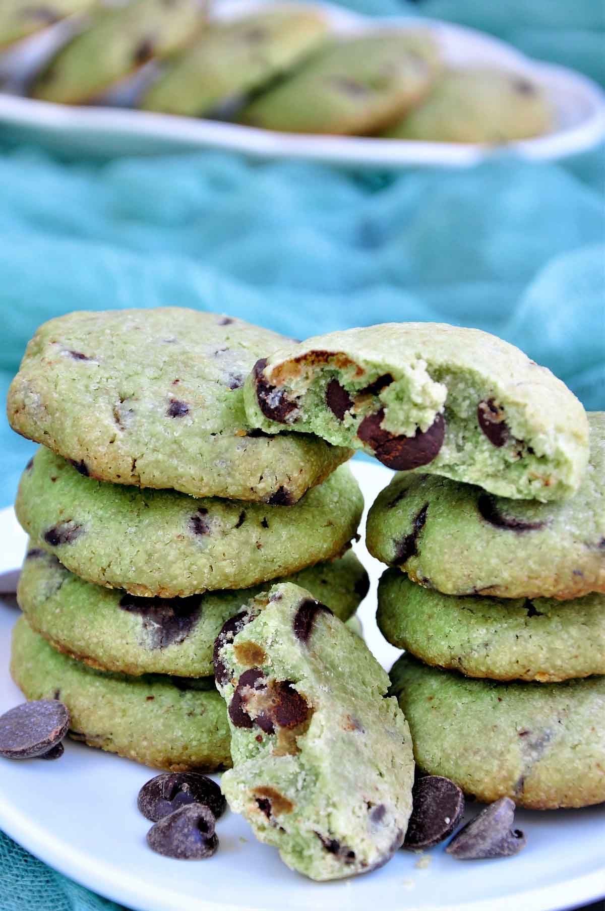 Matcha green tea cookies stacked in a plate.
