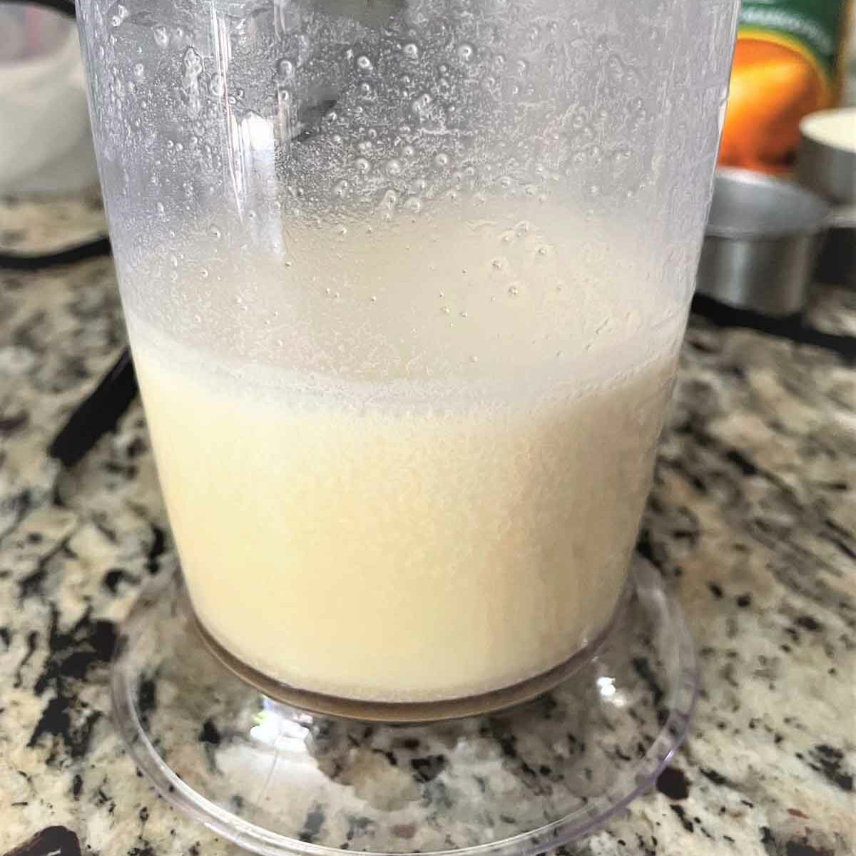 Milk, sugar and salt blend for mango ice cream.