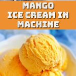 Mango ice cream scoops in a bowl.