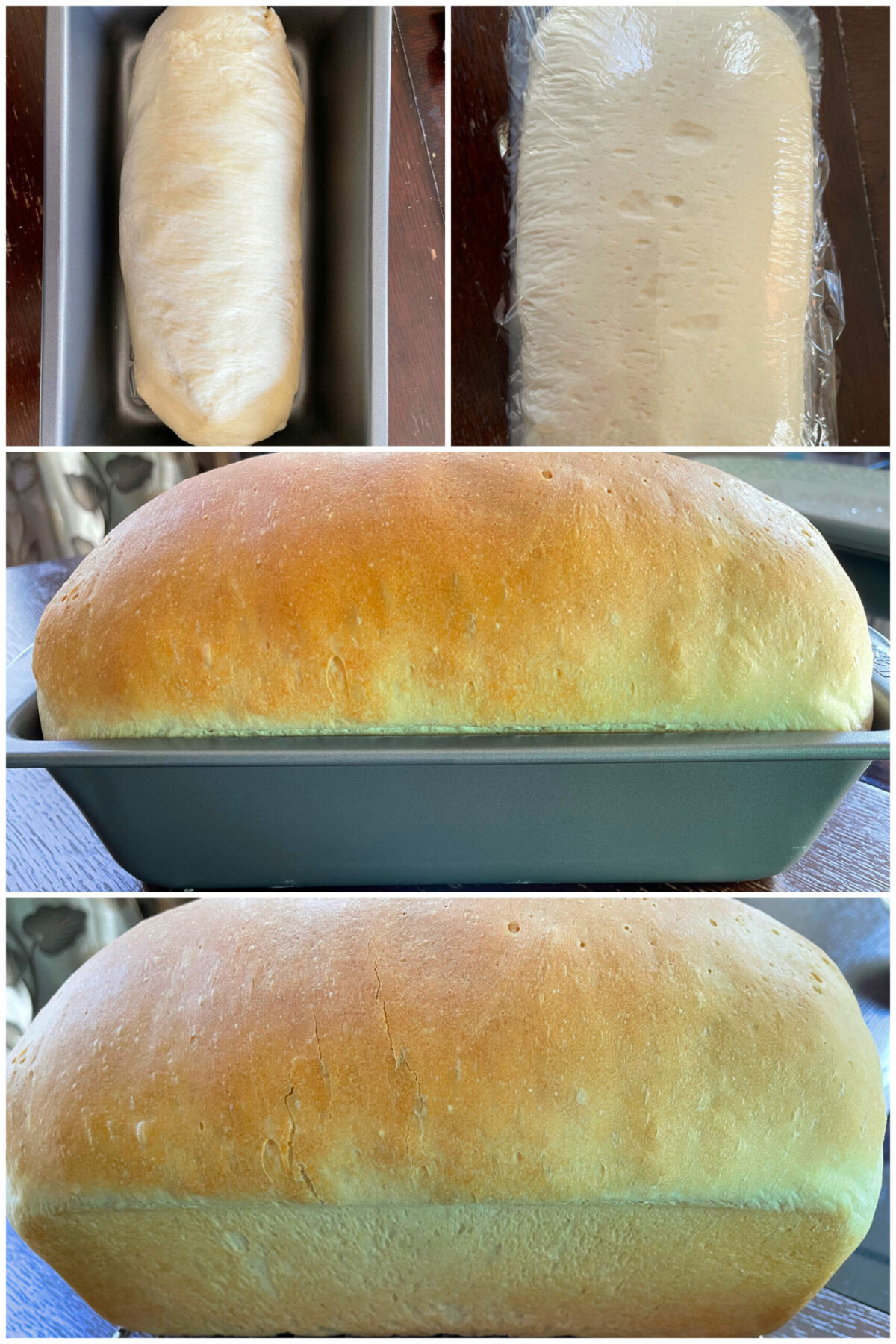 collage of 4 images to bake bread in oven.
