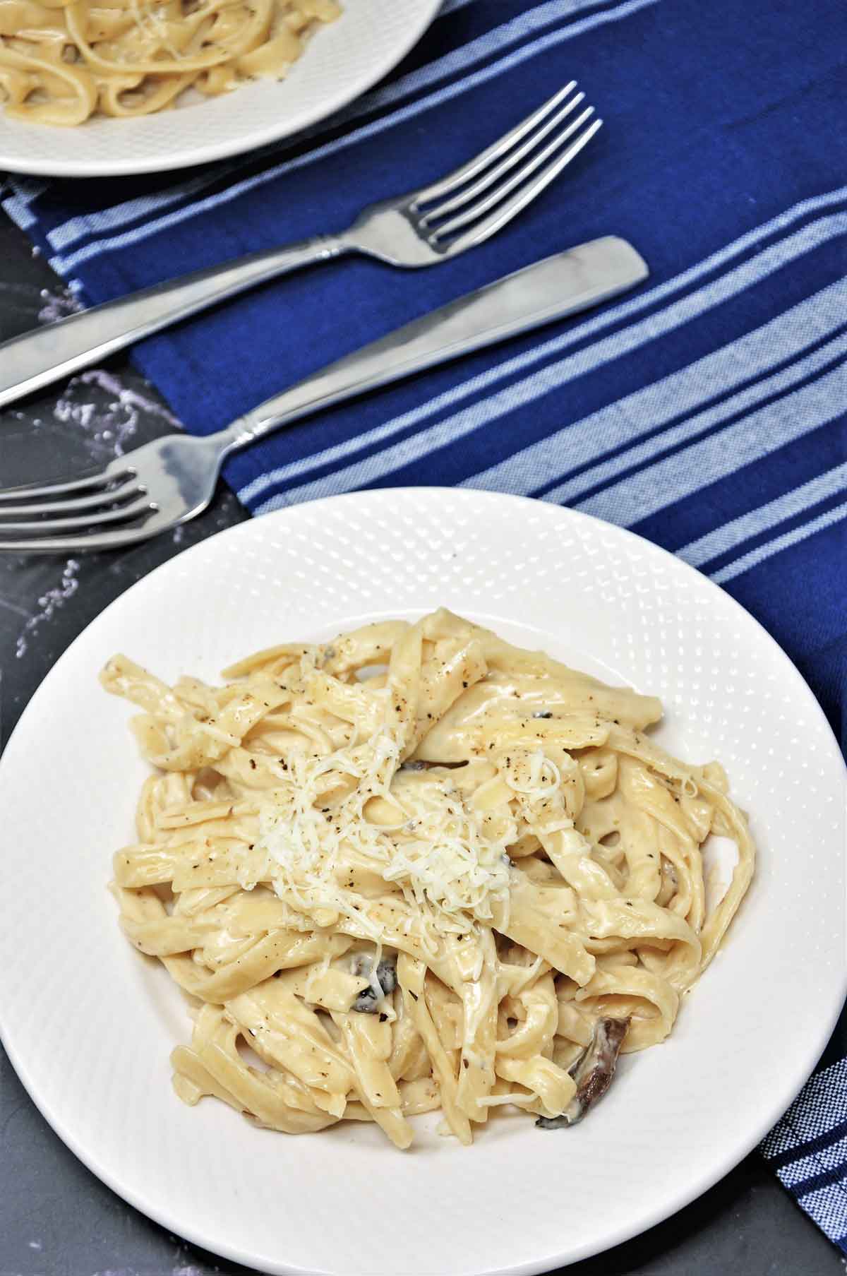 Fettuccini Alfredo served in a plate with shredded cheese topping.