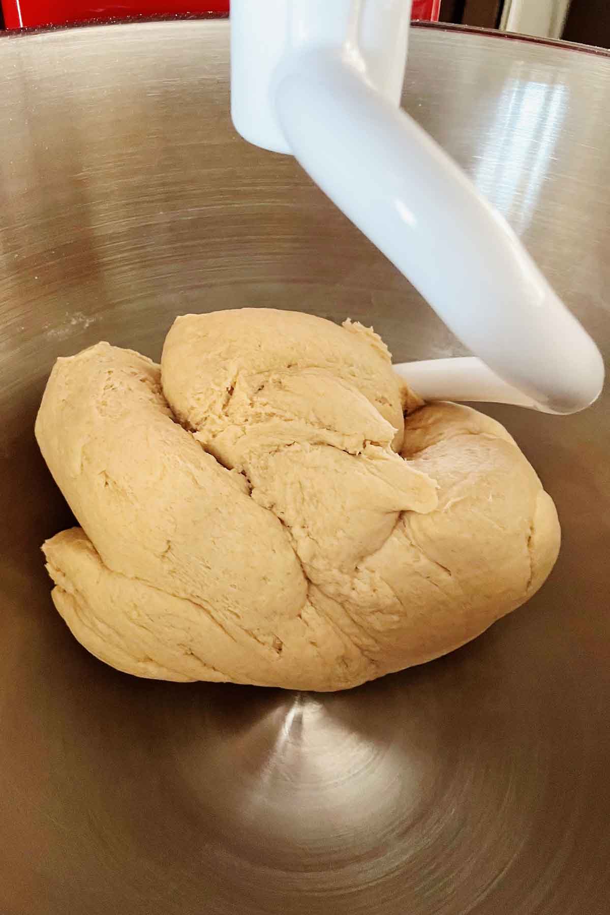 Kneading roti dough in stand mixer.