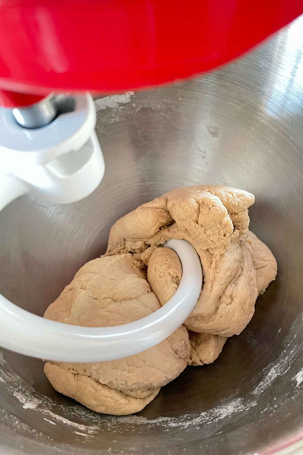 Roti dough kneaded in stand mixer.