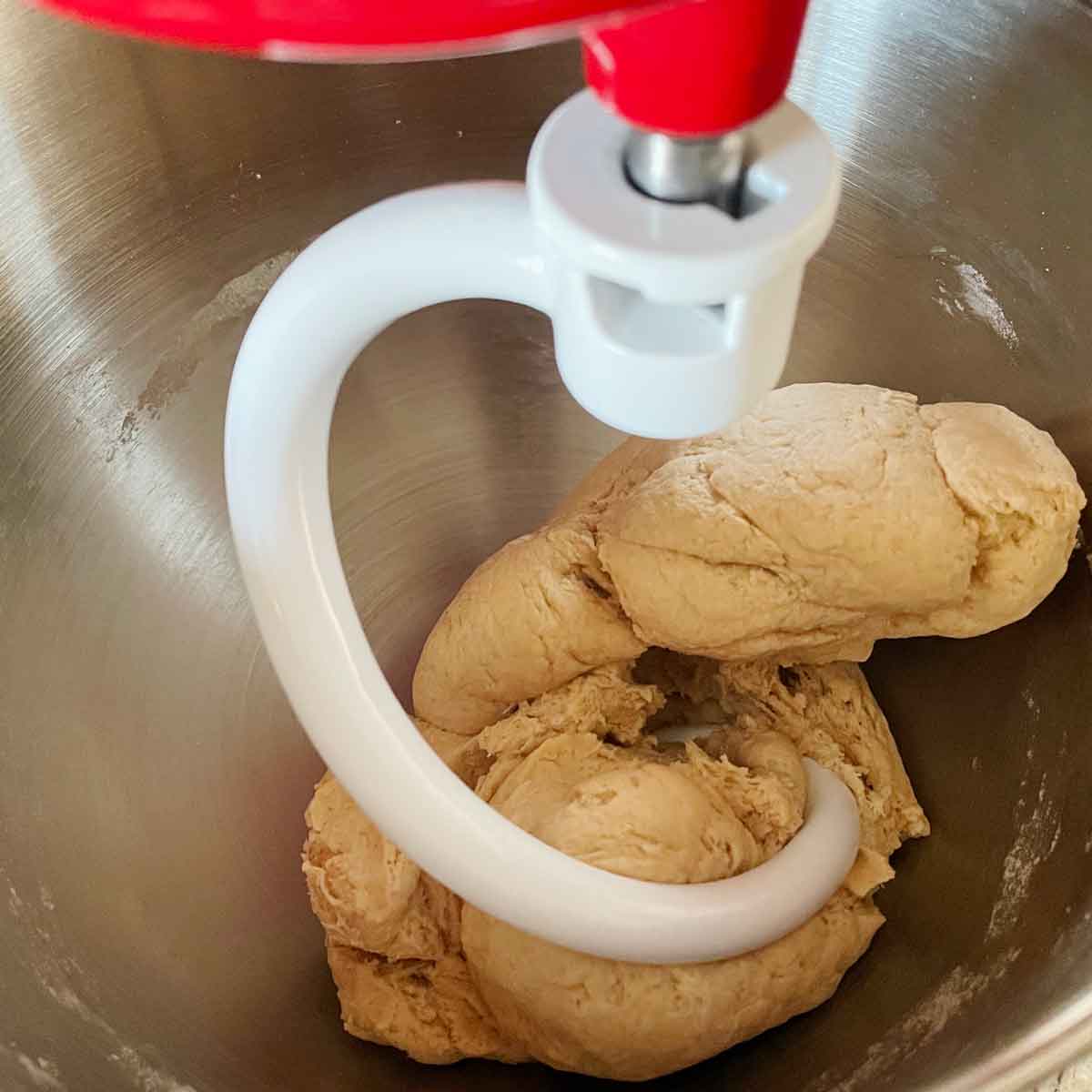 Roti dough kneaded in stand mixer.