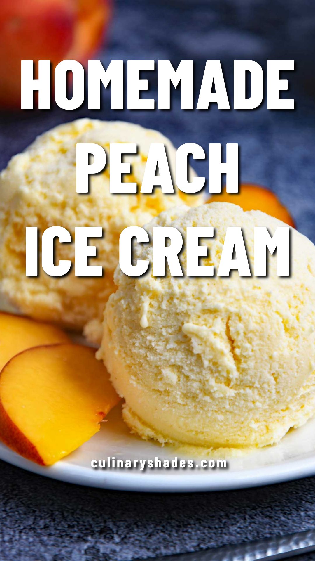 Peach ice-cream scoops in a plate with few peach slices.