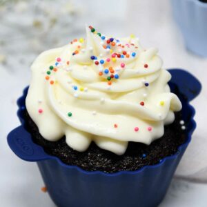 Air fryer cup cakes with frosting.