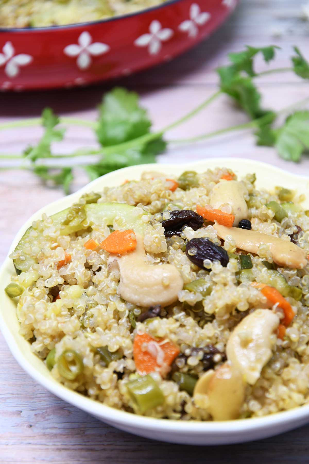 Quinoa pulao served in a bowl.