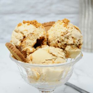 Biscoff ice cream scoops in a glass bowl.