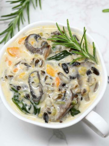 Mushroom wild rice soup in a soup bowl.