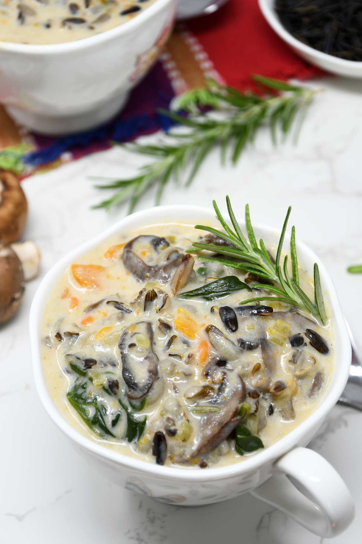 Mushroom wild rice soup in a soup bowl.