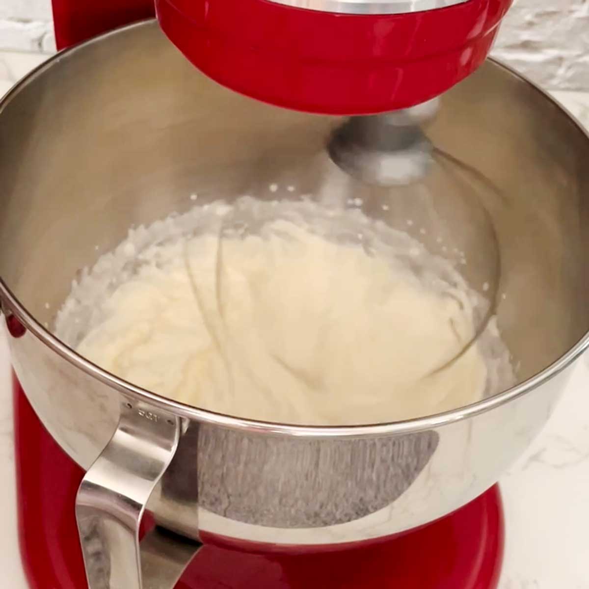 Cream whipped by stand mixer.