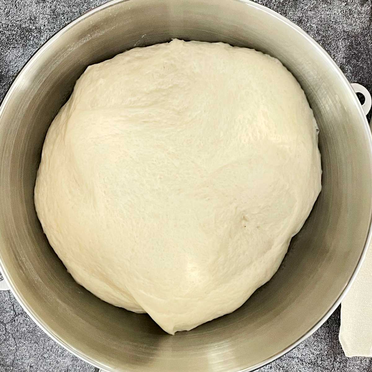 Air fryer Naan dough rise in mixer bowl.