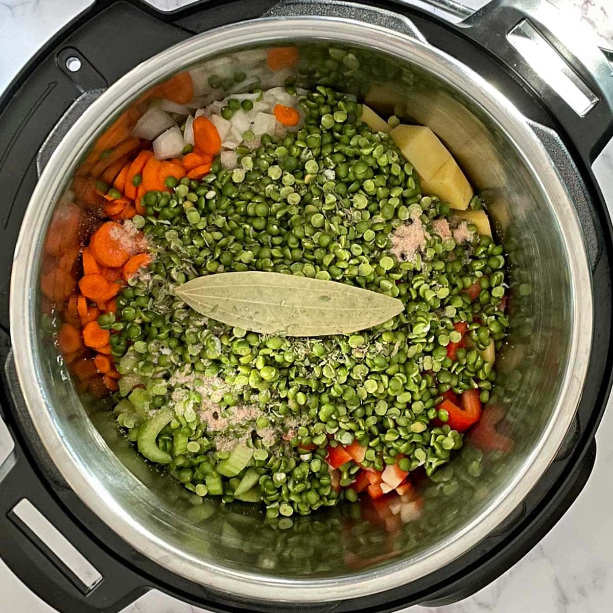 Split peas soup ingredients in instant pot.