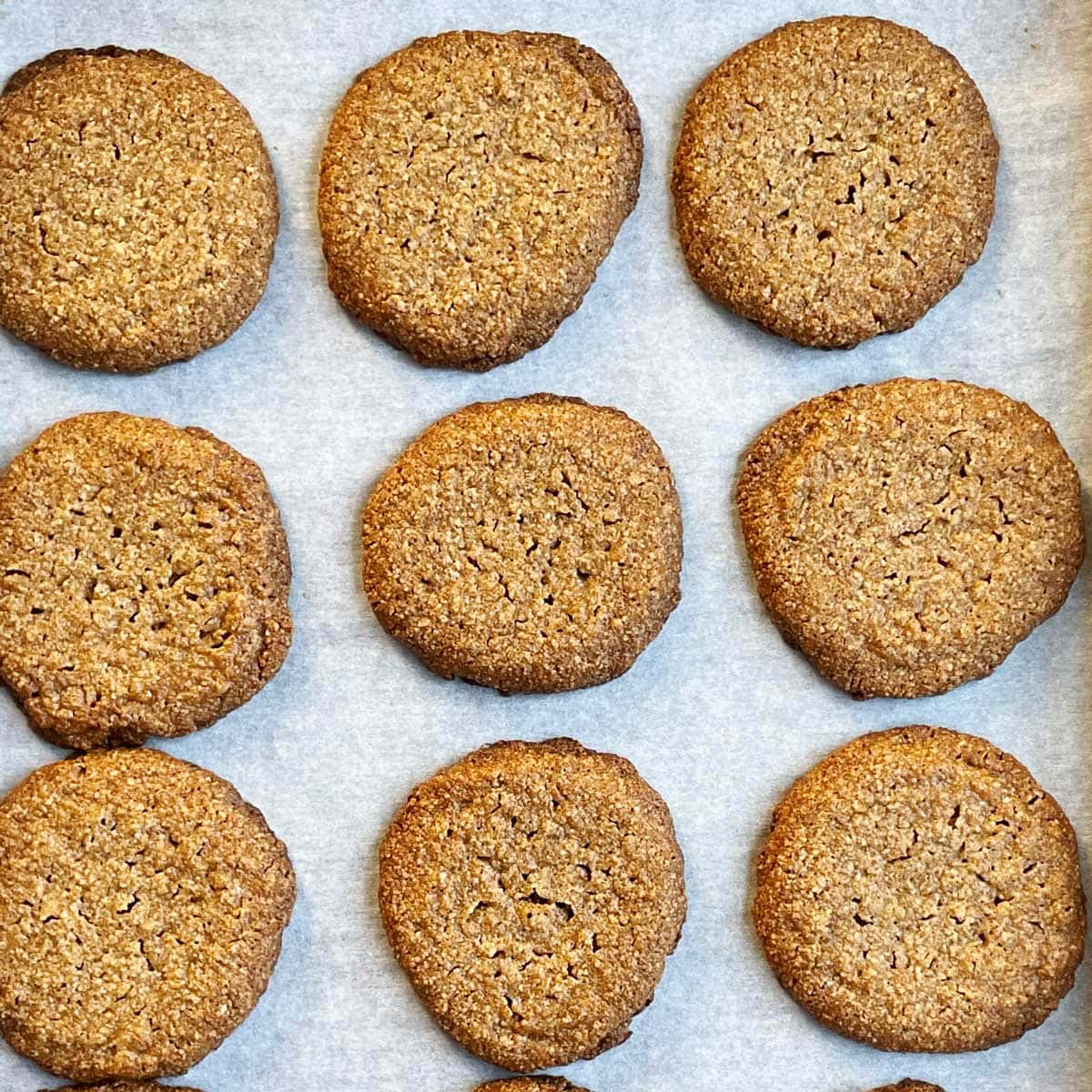 Baked Almond-peanut-butter cookies in a tray.