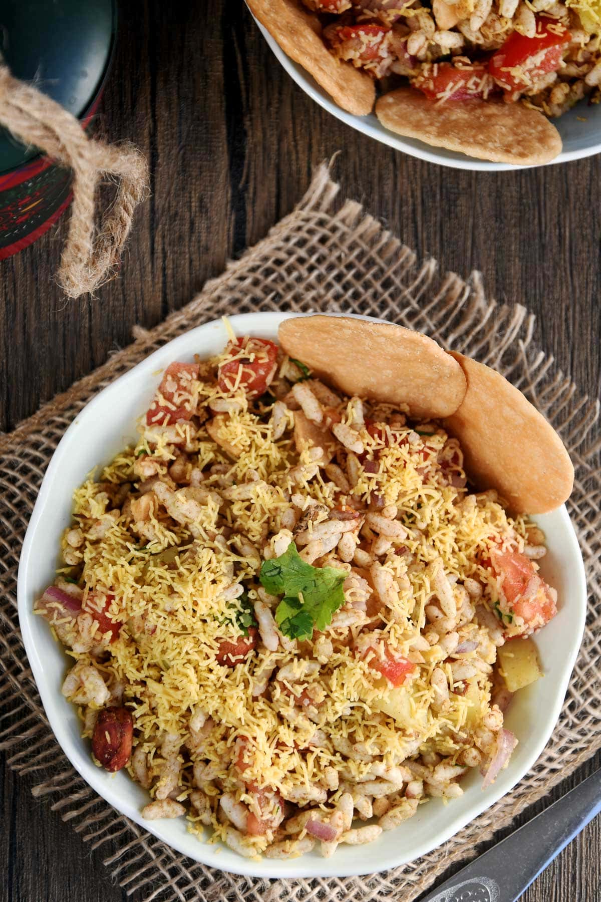 Bhel puri served in a bowl.