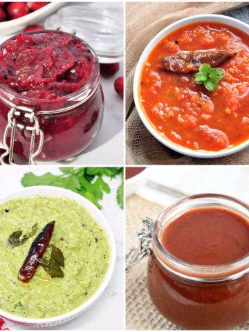 Indian chutneys in a collage of 4 images.