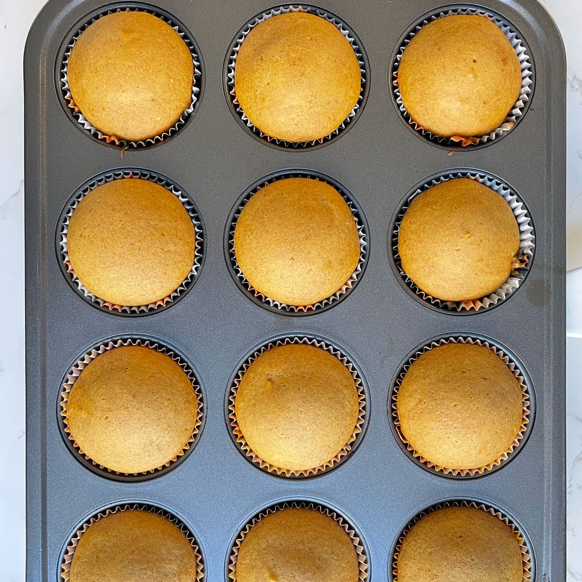 Baked pumpkin cup cake in baking tray.